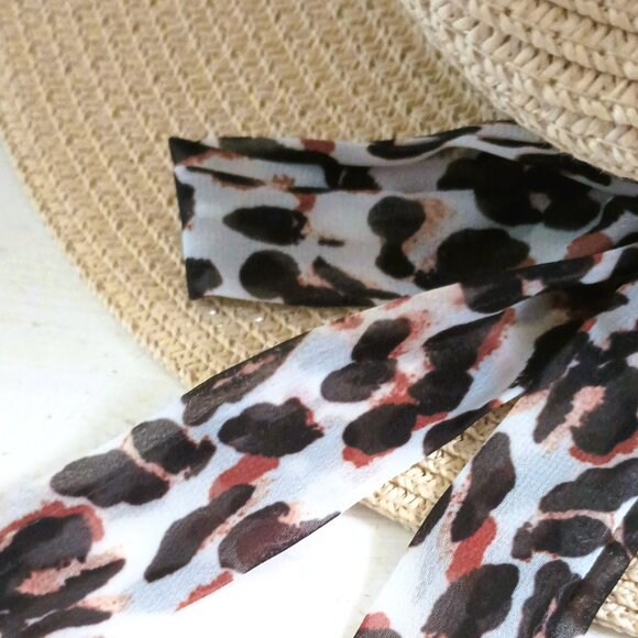 Vince Camuto Paper Straw Hat Cream with Leopard Tie Band Floppy Sun Hat - Picture 7 of 9